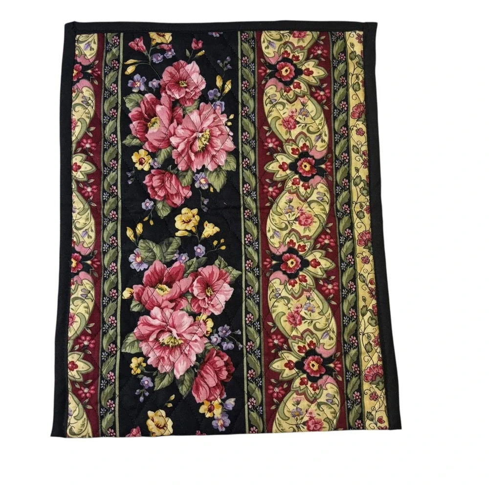 Floral Quilted Pouch Pocket Organizer Black Pink‎ Yellow Burgundy Vintage Accent